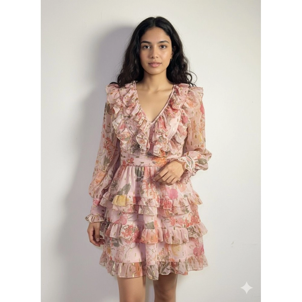 Pink Floral Shimmer Ruffle Dress