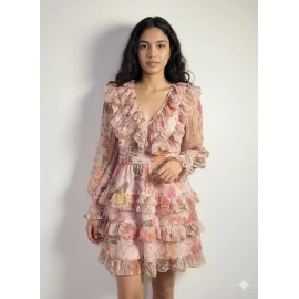 Pink Floral Shimmer Ruffle Dress